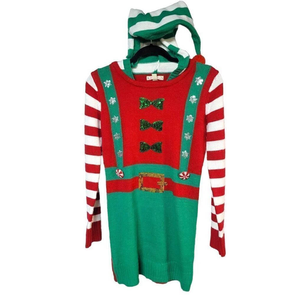 Santa's Little helper pointy hood sweater dress green striped red women's small